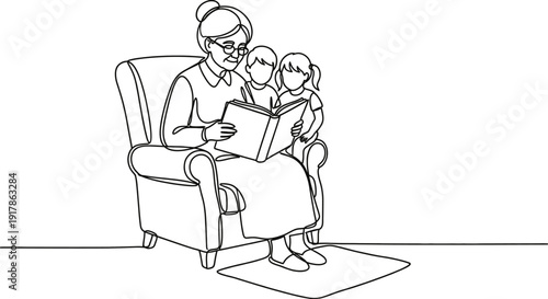 Continuous One Line Drawing Grandmother Reading Book With Her Grandchildren Vector Illustration