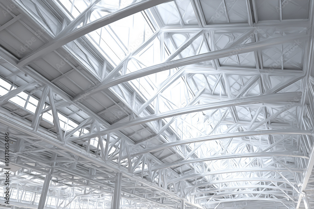 Fototapeta premium Steel truss construction structure with industrial arch design and bright natural light shining through large skylights, creating spacious and modern architectural interior