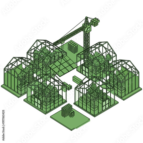 3D illustration of a modern greenhouse complex with crane.
