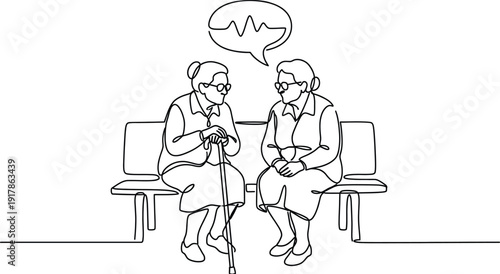 Continuous One Line Drawing Two Sitting Old Women Talking Vector