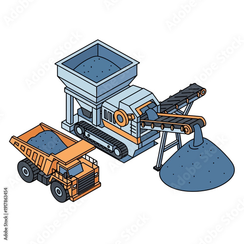 Crushing Machine Processing Gravel with Dump Truck.