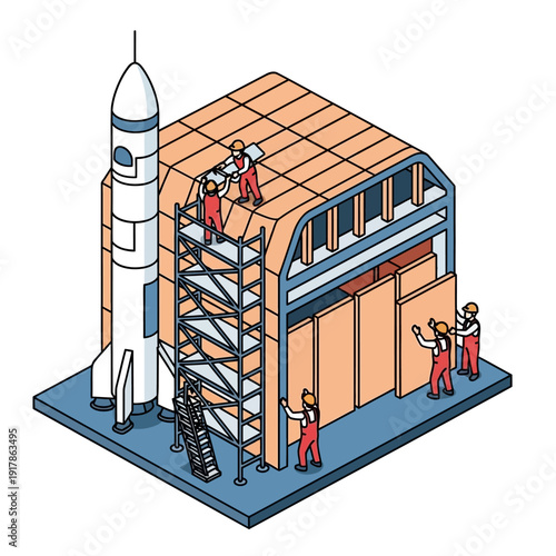 Spacecraft Preparation and Launch Facility with Workers.