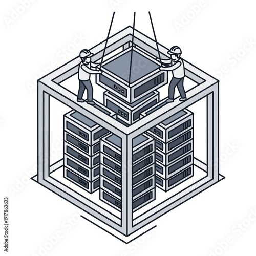Isometric illustration of data center with workers installing server.