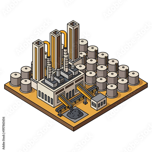 Isometric illustration of an industrial facility with tanks and smokestacks.