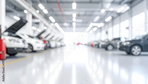 Auto Repair Facility Blurred Interior with Row of Cars undergoing Servicing Modern Automotive Maintenance and Service.