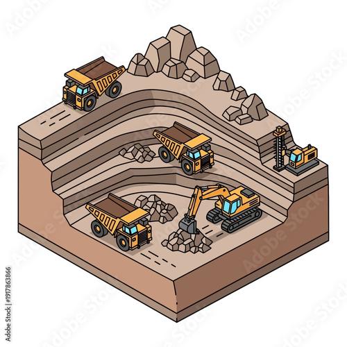 Isometric illustration of mining site with excavators and dump trucks.