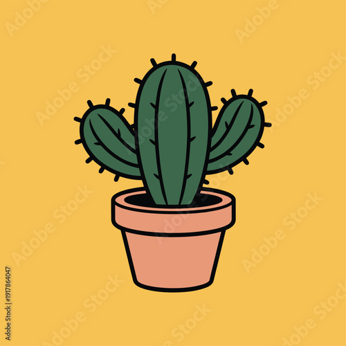 A potted cactus sits against a bright yellow background.