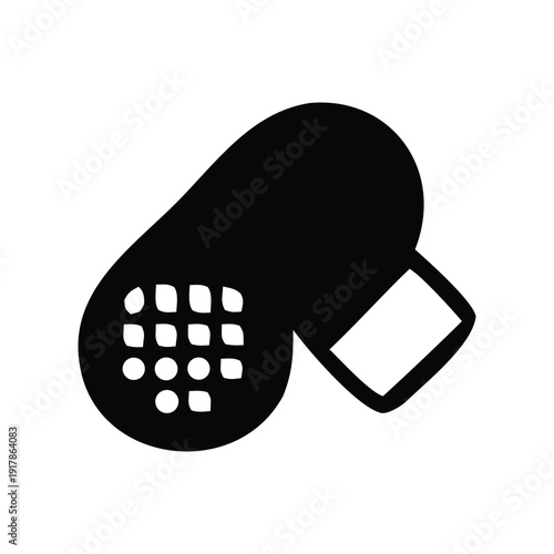 An illustration of a stylized black pill with a checkered pattern and a white rectangular end, conveying a sense of medicine or health