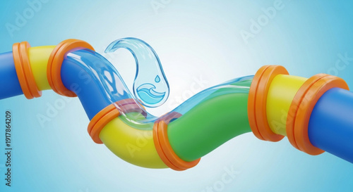 Water Flowing Through Colorful Pipes with Transparent Section