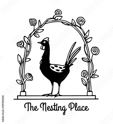Vector illustration of hand drawn funny chicken in graceful rosy arch. Beautiful ink drawing, heavy contour, graphic style. Perfect elements for food or chicken farms design.