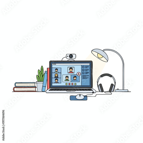 Modern Online Meeting Setup with Laptop and Wireless Accessories