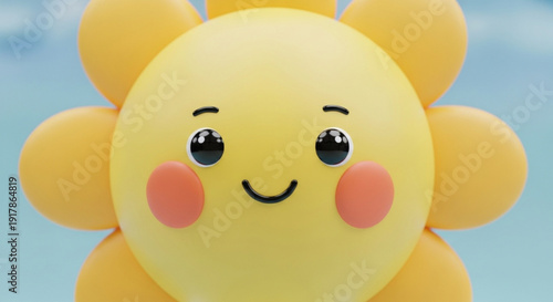 Smiling Yellow Flower Character with Rosy Cheeks on Blue Background