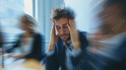 Stress, migraine and motion blur with a business man in a meeting feeling frustrated, tired or overworked. Mental health, anxiety and headache with an exhausted male employee suffering from fatigue