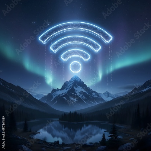 Giant WiFi Signal Over Mountain Landscape
Description: Nature scene blended with massive glowing WiFi symbol.