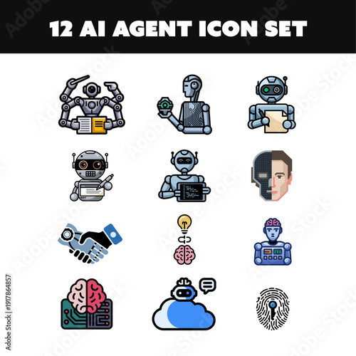 12 Artificial Intelligence Agent Icon Set
