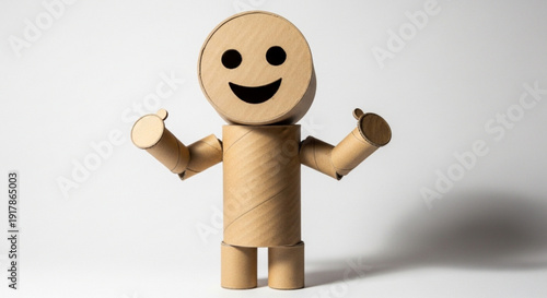 Cardboard Mannequin Smiling and Gesturing on White Background, Isolated, 3D Rendering