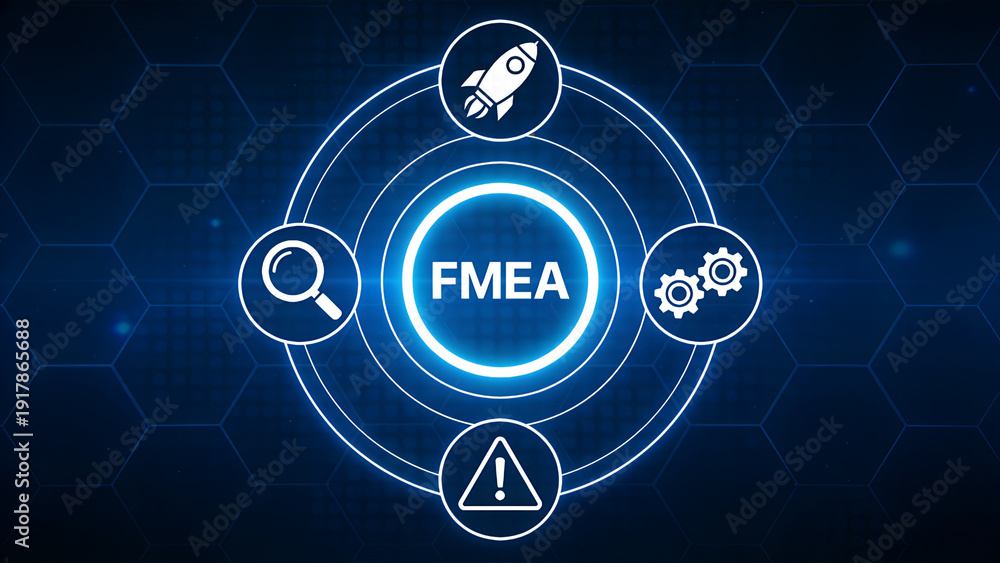 Obraz premium FMEA Failure Mode effects analysis concept with icons of rocket, gear, danger and magnifying.