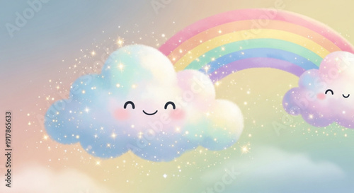 Smiling Clouds with Rainbow in Pastel Sky, Cartoon Style, Fantasy Illustration