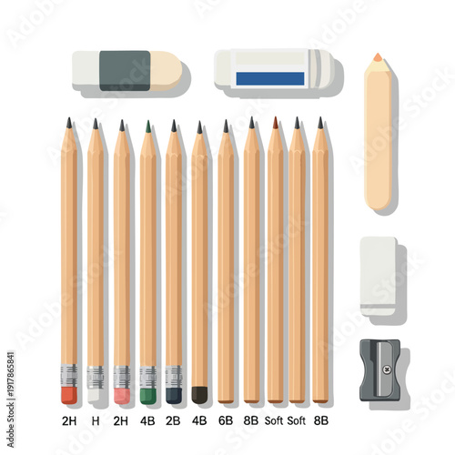 Set of Colored Pencils with Erasers and Pencil Sharpener for Artistic and Educational Use