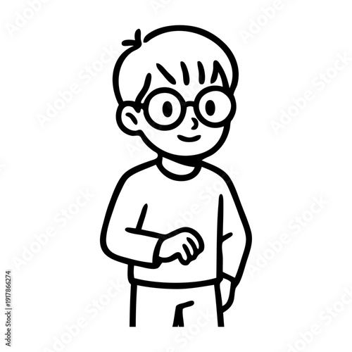 Dibujo sencillo con líneas de un niño de pie con lentes