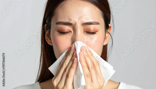 Young woman suffering from allergies or a cold using tissue. Seasonal illness or virus symptoms impacting daily life.