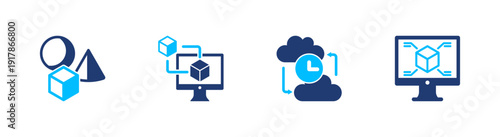 Digital twin icon set. simulation, modeling, virtual, data, monitoring. solid style icon collection