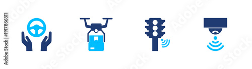 Autonomous mobility icon set. selfdriving, vehicle, automation, sensor, navigation. solid style icon collection