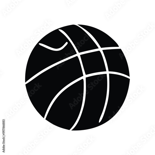Dynamic black silhouette of a basketball, perfect for sports-related designs, athletic themes, game illustrations, and competition visuals with a modern graphic aesthetic