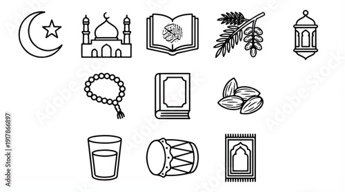 Ramadan Kareem icons set with mosque and islamic symbols