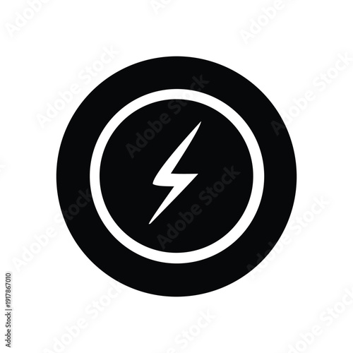 Modern energy icon A white lightning bolt within a black circular frame, symbolizing electricity, power, and rapid charge for digital applications and high-tech solutions