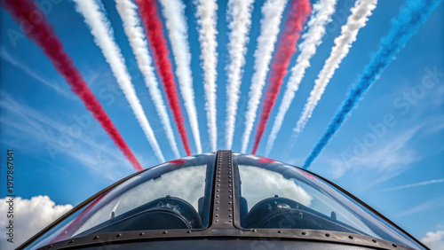 Wallpaper Mural Close up view from inside cockpit showing colorful red, white, and blue smoke trails in clear sky creating patriotic display Torontodigital.ca