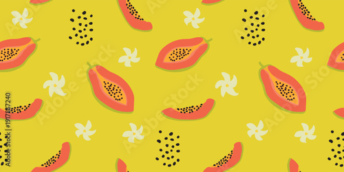 Tropical pattern with papaya slices on Cyber Lime yellow background, seamless fruit and spring flower illustration
