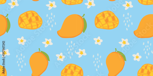 Exotic tropical pattern with mango fruit on Powder Blue background, seamless spring flower graphic.