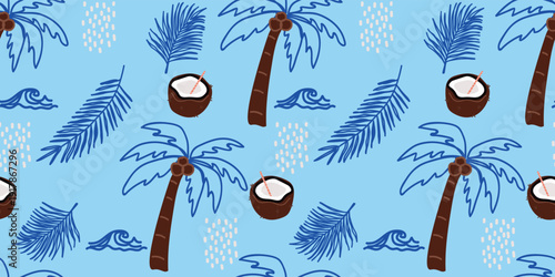 Tropical beach pattern with coconut and palm trees on Azure Blue, seamless summer vacation illustration