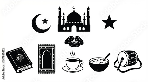 Ramadan Kareem symbols and food  mosque dates coffee and prayer rug