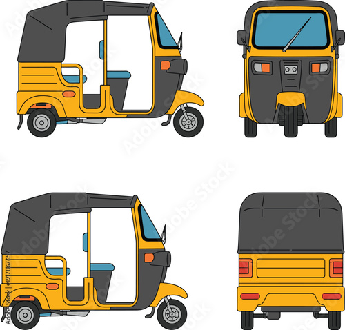 Auto rickshaw three wheeler tuk tuk vector illustration set showing side, front and rear views isolated on white background for urban transport design