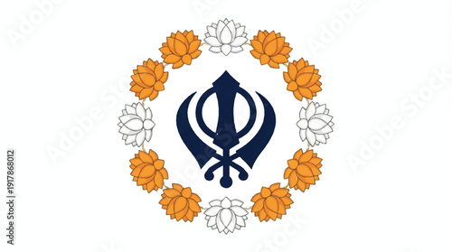 Sikh symbol with orange and white flowers wreath on white background