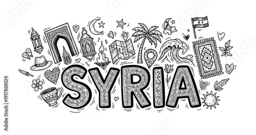 Detailed black and white syria doodle with cultural symbols and landmarks
