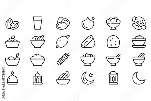 Middle eastern food and ramadan celebration line icons set including dates soup water lantern and moon