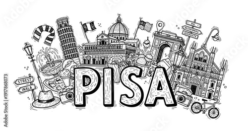 Illustrated landmarks and culture of pisa in black and white sketch