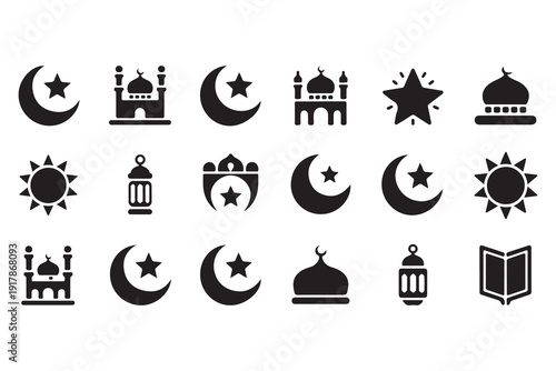Islamic religion symbols icon set, vector illustration of various mosque, moon, star, and sun designs