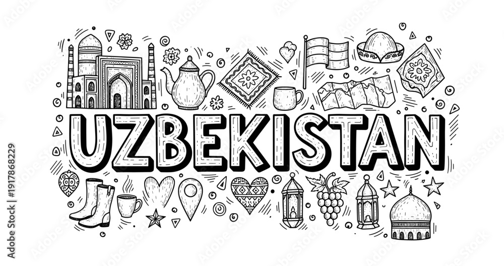 Obraz premium Uzbekistan icons: landmarks, culture, and traditional symbols in black and white