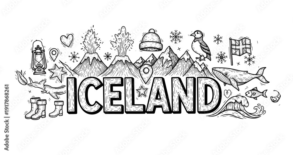 Obraz premium Monochrome iceland doodle: mountains, wildlife, and iconic landmarks