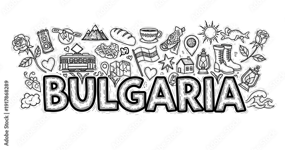 Fototapeta premium Bulgaria landmarks doodle: icons and symbols featuring mountains, roses, and traditional elements