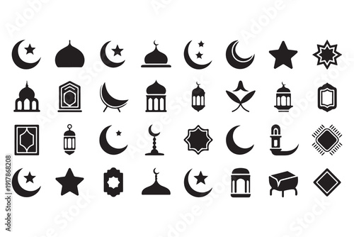 Islamic religion symbols icon set, vector illustration of various mosque, moon, star, and geometric designs