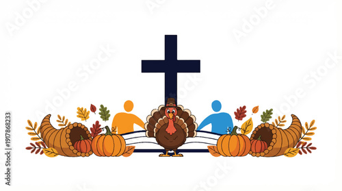 thanksgiving celebration with turkey pumpkins and cross symbol