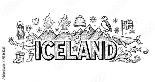 Monochrome iceland doodle: mountains, wildlife, and iconic landmarks