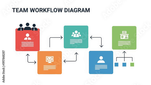 Team workflow diagram infographic template. Business process flowchart with flat icons. Vector illustration for project management and presentation