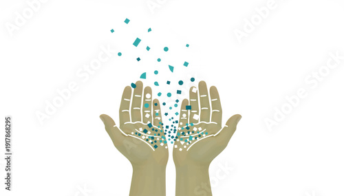 Hands releasing geometric confetti shapes. Magic and celebration concept. Flat design vector illustration