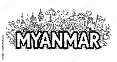 Myanmar doodle art: cultural symbols and landmarks illustration in black and white